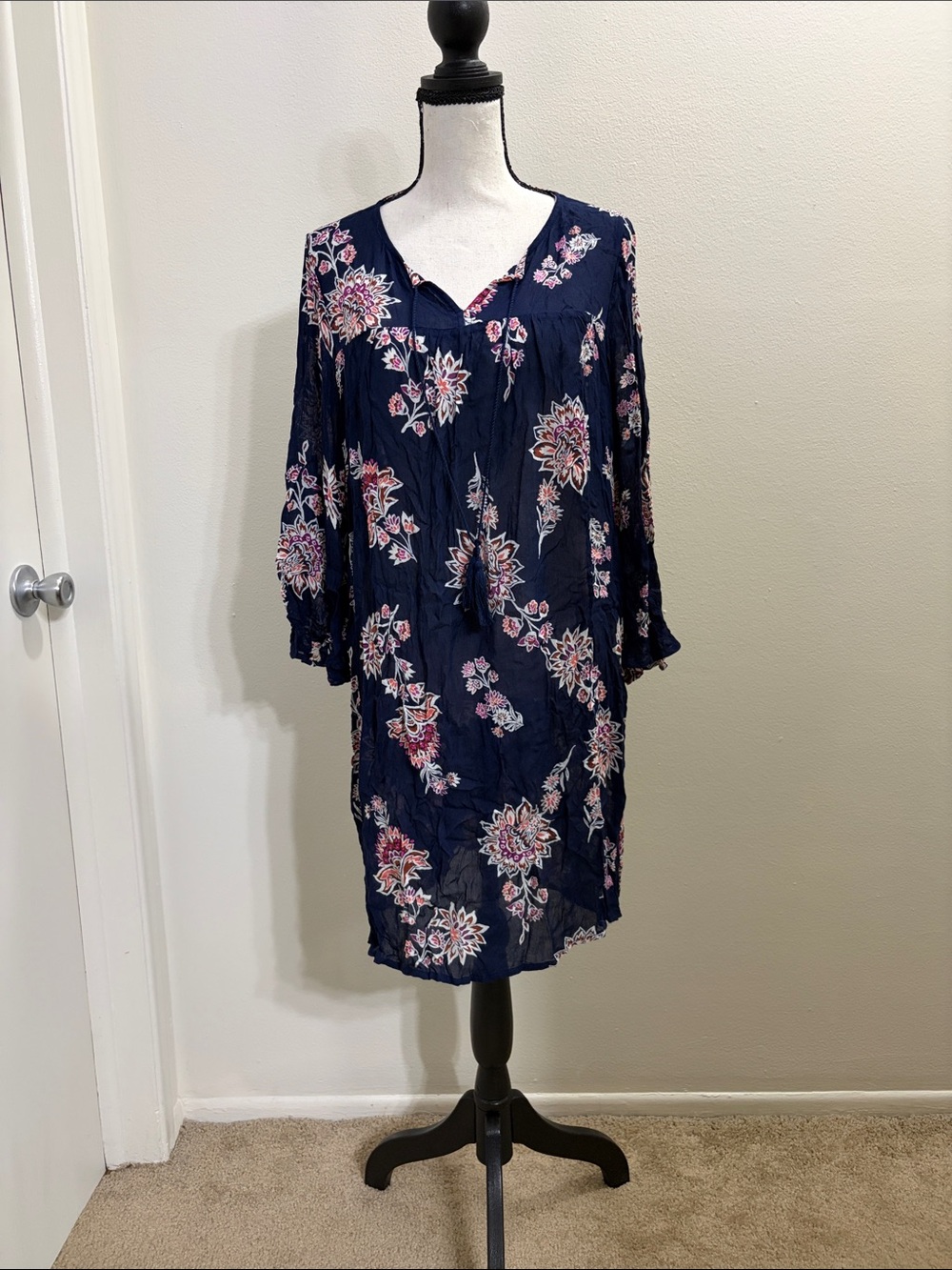 Old Navy Navy Dress with Pink and White Floral Trim